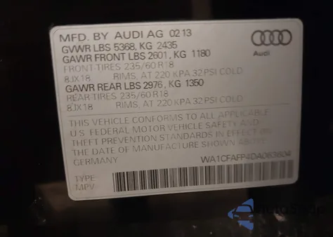 2013 Audi Q5 2.0T Premium z USA, uszkodzony, nr VIN WA1CFAFP4DA063604